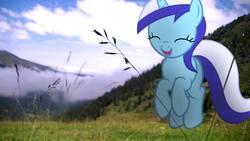 Size: 1192x670 | Tagged: safe, artist:bastbrushie, artist:vbastv, minuette, pony, unicorn, g4, blue sky, cloud, irl, mountain, moutain, photo, ponies in real life, solo
