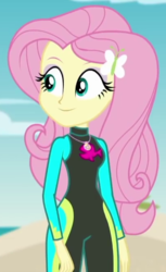 Size: 404x658 | Tagged: safe, screencap, fluttershy, aww... baby turtles, equestria girls, equestria girls series, g4, clothes, cropped, cute, female, fluttershy's wetsuit, geode of fauna, hairpin, magical geodes, shyabetes, solo, swimsuit, wetsuit