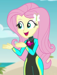 Size: 502x656 | Tagged: safe, screencap, fluttershy, aww... baby turtles, equestria girls, g4, my little pony equestria girls: better together, clothes, cropped, cute, female, fluttershy's wetsuit, geode of fauna, hairpin, magical geodes, shyabetes, solo, swimsuit, wetsuit