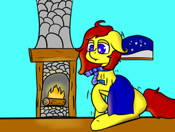 Size: 1600x1200 | Tagged: safe, artist:gamer-shy, oc, oc only, oc:gamershy yellowstar, pony, blanket, blue eyes, cold, fire, fireplace, floppy ears, food, hooked ears, light blue background, messy mane, red mane, shivering, simple background, snow, snowfall, solo, tea, window, winter, yellow fur