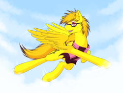 Size: 2000x1500 | Tagged: safe, artist:mayiamaru, artist:ponymaker, oc, oc only, oc:daybreak ponii, pegasus, pony, clothes, cloud, cutie mark, eyewear, flying, glasses, male, open mouth, red eyes, scarf, sky, solo, stallion, wings, yellow fur
