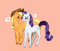 Size: 1042x876 | Tagged: safe, artist:chupapops, applejack, rarity, earth pony, pony, unicorn, g4, blushing, eye contact, female, freckles, green background, heart, lesbian, looking at each other, mare, ship:rarijack, shipping, simple background