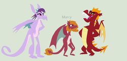 Size: 1024x495 | Tagged: safe, artist:aquadusk, garble, prominence, oc, oc:marcy, dragon, g4, base used, dragoness, female, gray background, offspring, parent:garble, parent:prominence, parents:garbinence, ship:garbinence, shipping, simple background