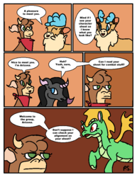 Size: 612x792 | Tagged: safe, artist:newbiespud, artist:paper shadow, arizona (tfh), oleander (tfh), tianhuo (tfh), velvet (tfh), cow, deer, dragon, hybrid, longma, pony, reindeer, unicorn, comic:friendship is dragons, them's fightin' herds, comic, community related, curved horn, dialogue, eyes closed, female, flying, frown, horn, mare, neckerchief