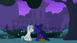 Size: 768x432 | Tagged: safe, artist:shelikof launch, derpibooru exclusive, oc, oc only, oc:snap fable, oc:star bright, pony, unicorn, animated, canterlot, cape, clothes, commission, costume, cute, gay, gif, hat, kissing, macro, male, night, show accurate, shrinking, size difference, wizard hat