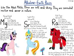 Size: 1032x774 | Tagged: safe, artist:michylawhty, oc, oc only, oc:moonlight orchid, oc:red flare, oc:sapphire blue, alicorn, pegasus, pony, unicorn, alkaline earth metal, magnesium, periodic table, radium, simple background, strontium, white background