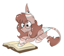 Size: 794x700 | Tagged: safe, artist:hunterthewastelander, oc, oc only, pegasus, pony, book, chest fluff, ear fluff, ear piercing, glasses, heterochromia, leonine tail, pegasus oc, piercing, prone, reading, simple background, solo, transparent background, wings
