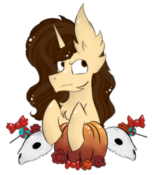 Size: 815x940 | Tagged: safe, artist:hunterthewastelander, oc, oc only, pony, unicorn, candy, chest fluff, commission, ear fluff, flower, food, horn, impossibly large ears, male, pumpkin, simple background, skull, solo, stallion, transparent background, unicorn oc, ych result