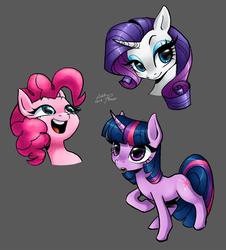 Size: 1024x1133 | Tagged: safe, artist:linaprime, pinkie pie, rarity, twilight sparkle, pony, unicorn, g4, bust, cute, female, gray background, mare, open mouth, portrait, simple background, unicorn twilight