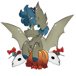 Size: 1000x1000 | Tagged: safe, artist:hunterthewastelander, oc, oc only, alicorn, bat pony, bat pony alicorn, pony, alicorn oc, candy, chest fluff, commission, ear fluff, flower, food, horn, impossibly large ears, male, pumpkin, simple background, skull, solo, spread wings, stallion, transparent background, wings, ych result