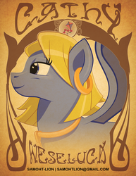 Size: 1275x1650 | Tagged: safe, artist:samoht-lion, pegasus, pony, bust, cathy weseluck, ear piercing, earring, female, jewelry, mare, necklace, piercing, ponified, solo, text