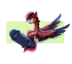 Size: 3600x3200 | Tagged: safe, artist:ghst-qn, oc, oc only, pegasus, pony, abstract background, bipedal, high res, midair, misleading thumbnail, profile, skateboard, solo, spread wings, wings