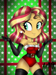Size: 1536x2048 | Tagged: safe, artist:artmlpk, sunset shimmer, equestria girls, g4, alternate hairstyle, bare shoulders, belt, blushing, boots, breasts, christmas, christmas outfit, cleavage, clothes, cute, ear piercing, earring, evening gloves, female, gloves, hips, holiday, jewelry, leotard, long gloves, looking at you, looking back, piercing, shimmerbetes, shoes, short hair, smiling, smirk, socks, solo, thigh boots, thigh highs, thighs