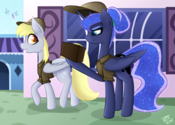 Size: 5863x4200 | Tagged: safe, artist:those kids in the corner, derpy hooves, princess luna, alicorn, pegasus, pony, between dark and dawn, g4, alternate hairstyle, annoyed, box, bun, canterlot, clothes, duo, duo female, female, hair bun, happy, hat, kite, mailmare, profile, that pony sure does love the post office, uniform, walking
