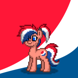 Size: 700x700 | Tagged: safe, artist:bandwidth, oc, oc only, oc:pep step, drink pony, earth pony, original species, pony, pony town, abstract background, cute, drink, female, freckles, mare, original character do not steal, pepsi, pepsimare, ponified, ponytail, simple background, soda, striped mane