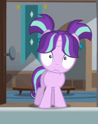 Size: 331x421 | Tagged: safe, screencap, starlight glimmer, pony, unicorn, season 6, the crystalling, animated, cropped, female, filly, filly starlight glimmer, floppy ears, gif, pigtails, ribbon, scrunchy face, solo, younger