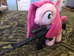 Size: 4032x3024 | Tagged: safe, pinkie pie, earth pony, pony, derp, female, grin, gun, insanity, irl, mare, photo, pinkamena diane pie, ponies in real life, ponies with guns, rifle, smiling, solo, weapon, wide eyes