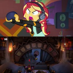 Size: 2896x2896 | Tagged: safe, edit, edited screencap, screencap, sunset shimmer, equestria girls, equestria girls series, g4, game stream, spoiler:eqg series (season 2), 100% rage, 200% angry, angry, comparison, gamer sunset, high res, luigi, luigi's mansion, luigi's mansion 3, male, meme, nintendo, nintendo switch, poltergust g-00, psycho gamer sunset, rageset shimmer, sunset shimmer frustrated at game, super mario bros., that pony sure have anger issues