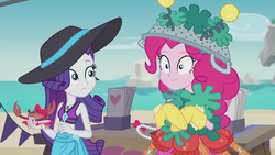 Size: 1920x1080 | Tagged: safe, screencap, pinkie pie, rarity, crab, equestria girls, g4, my little pony equestria girls: better together, too hot to handle, beach, beach babe, bikini, bikini babe, brochure, clothes, costume, duo, duo female, female, geode of empathy, geode of shielding, geode of sugar bombs, geode of super speed, geode of super strength, geode of telekinesis, hat, magical geodes, midriff, pinkie being pinkie, ponk, sarong, sun hat, swimsuit, table