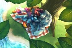 Size: 1095x730 | Tagged: safe, artist:jedayskayvoker, oc, oc:crystal tundra, oc:surreal nightmares, bat pony, changeling, hybrid, pony, unicorn, basket, batling, chest fluff, curly tail, cute, female, fluffy, food, grass, leaves, licking, male, mango, mare, outdoors, picnic, picnic basket, picnic blanket, prone, river, snuggling, stallion, stream, tongue out, tree, under the tree, water