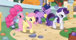 Size: 402x210 | Tagged: safe, gameloft, screencap, fluttershy, pinkie pie, rarity, twilight sparkle, alicorn, earth pony, pegasus, pony, unicorn, g4, alternate hairstyle, animated, bag, clothes, cute, dancing, dancity, diapinkes, eyes closed, female, game screencap, gameloft shenanigans, gif, group, headband, mare, open mouth, pinkie puffs, quartet, raribetes, shirt, shorts, shuffle, shyabetes, smiling, spread wings, synchronized, trotting, trotting in place, twiabetes, twilight sparkle (alicorn), wings