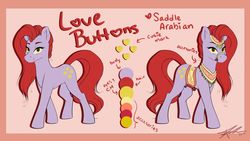 Size: 1024x576 | Tagged: safe, artist:mindlesssketching, oc, oc only, oc:love buttons, pony, saddle arabian, female, reference sheet, solo