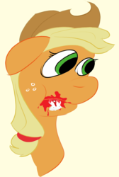 Size: 1009x1500 | Tagged: safe, artist:dashusethetrashcan, applejack, earth pony, pony, g4, applejack's hat, bust, cowboy hat, ears back, eye bulging, female, floppy ears, food, freckles, hair tie, hat, ketchup, mare, no catchlights, not blood, ponytail, sauce, simple background, solo, white background