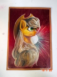 Size: 774x1032 | Tagged: safe, artist:cosmotic1214, applejack, pony, g4, bust, colored, colored pencil drawing, female, lexus, solo, traditional art