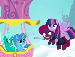 Size: 1440x1080 | Tagged: safe, artist:徐詩珮, fizzlepop berrytwist, glitter drops, spring rain, tempest shadow, twilight sparkle, alicorn, pony, unicorn, series:sprglitemplight diary, series:springshadowdrops diary, g4, base used, bisexual, broken horn, clothes, cute, dialogue, female, flying, glitterbetes, horn, hot air balloon, lesbian, polyamory, scarf, ship:glitterlight, ship:glittershadow, ship:sprglitemplight, ship:springdrops, ship:springlight, ship:springshadow, ship:springshadowdrops, ship:tempestlight, shipping, springbetes, tempestbetes, twiabetes, twilight sparkle (alicorn)