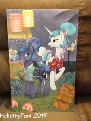 Size: 3024x4032 | Tagged: source needed, safe, artist:helicityponi, princess celestia, princess luna, turf, alicorn, pony, between dark and dawn, g4, alternate hairstyle, bow, clothes, female, hair bow, hawaiian shirt, lantern, mare, marker drawing, shirt, siblings, sisters, tiki, traditional art, tropical