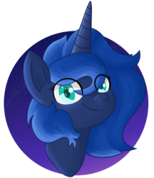 Size: 1390x1607 | Tagged: safe, artist:dark shadow, princess luna, alicorn, pony, ambiguous facial structure, bust, cute, eye clipping through hair, female, horn, looking at you, mare, portrait, smiling, solo