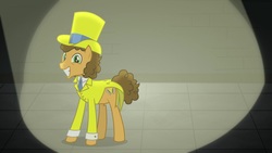 Size: 1920x1080 | Tagged: safe, screencap, cheese sandwich, pony, g4, the last laugh, clothes, cutie mark, floor, grin, hat, male, necktie, smiling, solo, teeth