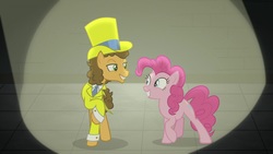 Size: 1920x1080 | Tagged: safe, screencap, cheese sandwich, pinkie pie, pony, g4, the last laugh, clothes, hat, lidded eyes, suit, top hat
