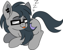 Size: 3277x2586 | Tagged: safe, artist:taaffeiite, derpibooru exclusive, oc, oc only, oc:graphite, pony, :p, commission, ear piercing, earring, female, glasses, high res, jewelry, mare, onomatopoeia, piercing, prone, simple background, sleeping, solo, sound effects, tongue out, transparent background, zzz