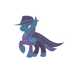 Size: 1821x1821 | Tagged: safe, artist:tikibat, derpibooru exclusive, oc, oc only, oc:stardust, oc:stardust(cosmiceclipse), bat pony, pony, bat pony oc, bat wings, cape, clothes, costume, darkwing duck, ear fluff, fangs, hat, membranous wings, smiling, wings