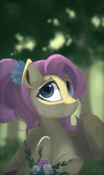 Size: 1682x2849 | Tagged: safe, artist:y-snow, fluttershy, pegasus, pony, g4, the last problem, bust, cute, female, flower, looking at you, mare, older, older fluttershy, one wing out, portrait, shyabetes, solo, three quarter view, wings