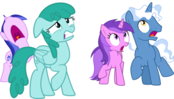 Size: 5999x3430 | Tagged: safe, artist:dusk2k, amethyst star, pokey pierce, sea swirl, seafoam, sparkler, spring melody, sprinkle medley, pegasus, pony, unicorn, g4, absurd resolution, background pony, female, male, mare, nose in the air, open mouth, scared, screaming, shocked, simple background, stallion, transparent background, uvula, vector