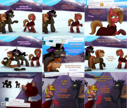 Size: 2106x1804 | Tagged: safe, artist:wiggles, king sombra, oc, oc:coffee talk, oc:dominus, oc:pun, oc:supremus longhorn, changeling, pony, ask king sombra, ask pun, g4, amputee, ask, brown changeling, female, magic, magic limbs, mare, rock, saddle bag, snow, tumblr
