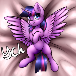 Size: 3000x3000 | Tagged: safe, artist:cornelia_nelson, twilight sparkle, alicorn, pony, g4, advertisement, commission, female, high res, smiling, solo, spread legs, spread wings, spreading, twilight sparkle (alicorn), wings, your character here