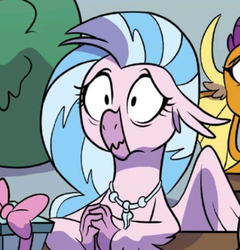 Size: 370x386 | Tagged: safe, artist:trish forstner, idw, silverstream, smolder, g4, spoiler:comic, spoiler:comicholiday2019, cropped, cute, diastreamies, faic, scrunchy face