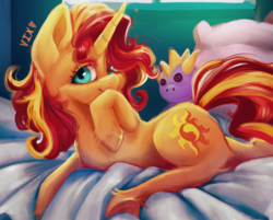 Size: 4293x3451 | Tagged: dead source, safe, artist:thewickedvix, sunset shimmer, pony, unicorn, g4, bed, cute, female, looking at you, mare, pillow, plushie, shimmerbetes, solo, spyro the dragon, spyro the dragon (series)