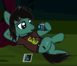 Size: 1033x888 | Tagged: safe, artist:lightningbolt, derpibooru exclusive, earth pony, pony, g4, the mean 6, .svg available, arm behind head, bags under eyes, bring me the horizon, camera, clone, clothes, crossed legs, drop dead clothing, evil clone, lidded eyes, lounging, male, messy mane, messy tail, on back, open mouth, outdoors, photo, photography, ponified, selfie, shirt, show accurate, solo, stallion, svg, t-shirt, tom sykes, tree, vector