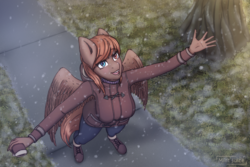Size: 3000x2000 | Tagged: safe, artist:mintjuice, oc, oc only, oc:joypad, pegasus, anthro, anthro oc, clothes, female, heterochromia, high res, jacket, looking up, mare, pants, pegasus oc, shoes, smiling, snow, snowfall, solo, street, tree, wings, ych result