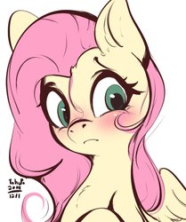Size: 920x1103 | Tagged: safe, artist:tohupo, fluttershy, pegasus, pony, blushing, bust, cute, female, frown, looking at you, mare, portrait, shyabetes, signature, simple background, solo, stray strand, white background, wings