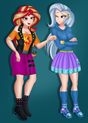 Size: 1984x2764 | Tagged: safe, artist:anonix123, sunset shimmer, trixie, human, equestria girls, equestria girls series, forgotten friendship, g4, boots, breasts, cleavage, clothes, crossed arms, digital art, female, high heel boots, hoodie, human coloration, legs, shoes, skirt, smiling