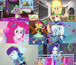 Size: 1000x861 | Tagged: safe, edit, edited screencap, screencap, applejack, pinkie pie, rainbow dash, rarity, spike, spike the regular dog, sunset shimmer, trixie, dog, diy with applejack, equestria girls, g4, game stream, my little pony equestria girls: better together, reboxing with spike!, sic skateboard, street chic, street magic with trixie, the craft of cookies, bed, bracelet, clothes rack, crossed legs, eyeshadow, geode of shielding, geode of super speed, geode of super strength, hammer, hat, headphones, heart, heart hands, helmet, jewelry, lidded eyes, magical geodes, makeup, medals, pointing, sci-twi's room, skateboard, spike's dog collar, top hat, trophy, youtuber