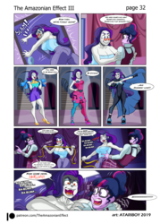 Size: 2726x3802 | Tagged: safe, artist:atariboy2600, artist:bluecarnationstudios, rarity, sci-twi, sunset shimmer, twilight sparkle, human, comic:the amazonian effect, comic:the amazonian effect iii, equestria girls, g4, ahhh, armpits, breasts, busty rarity, carousel boutique, clothes, crystal prep academy uniform, glasses, high heels, high res, measuring tape, rarity's glasses, red eyes, school uniform, shoes, this will end in snu snu and/or death, transformation