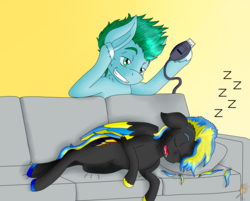 Size: 2607x2100 | Tagged: safe, artist:midnightfire1222, oc, oc only, oc:arc flash, oc:sure shot, pegasus, pony, couch, cousins, drool, high res, shaved head, shaved head prank, shaved mane, shaver, sleeping, smug smile