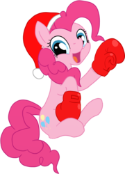 Size: 606x842 | Tagged: safe, pinkie pie, earth pony, pony, g4, cap, christmas, clothes, cutie mark, female, gloves, hat, holiday, mare, santa claus, santa hat, simple background, sitting, smiling, solo, transparent background