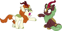 Size: 6043x3000 | Tagged: safe, artist:cloudyglow, autumn blaze, cinder glow, summer flare, kirin, .ai available, absurd resolution, angry, female, pointing, simple background, sitting, transparent background, vector